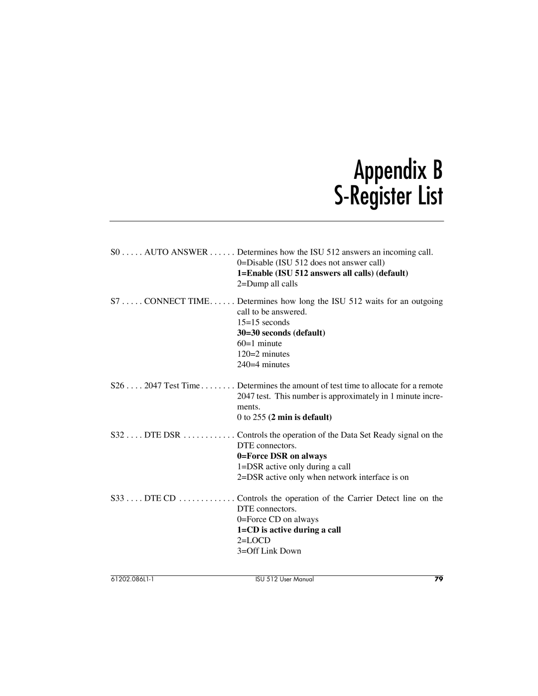 ADTRAN user manual Appendix B Register List, =Enable ISU 512 answers all calls default 