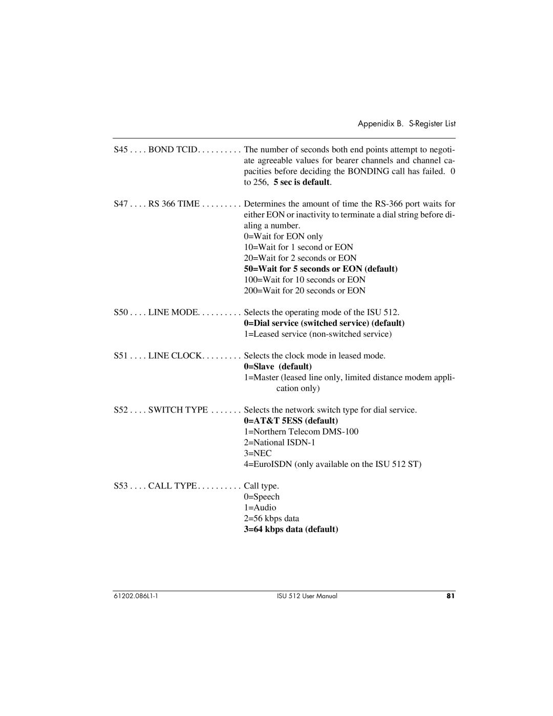 ADTRAN ISU 512 user manual 50=Wait for 5 seconds or EON default 