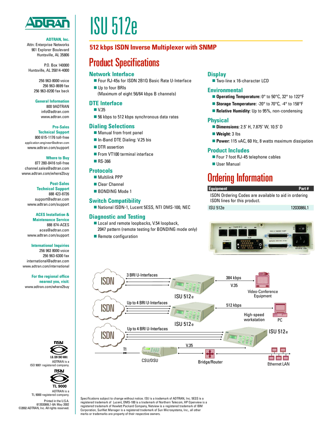 ADTRAN ISU 512E warranty Product Specifications, Ordering Information 