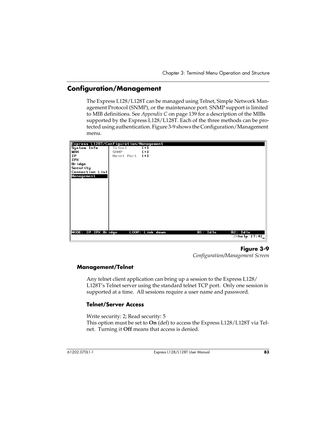 ADTRAN L128T user manual Configuration/Management, Management/Telnet, Telnet/Server Access 