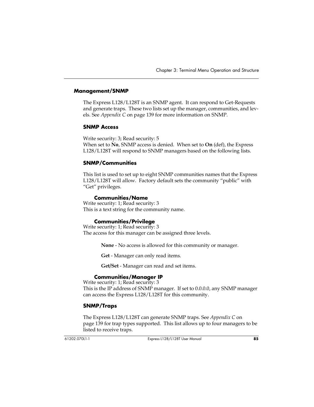 ADTRAN L128T Management/SNMP, Snmp Access, SNMP/Communities, Communities/Name, Communities/Privilege, SNMP/Traps 