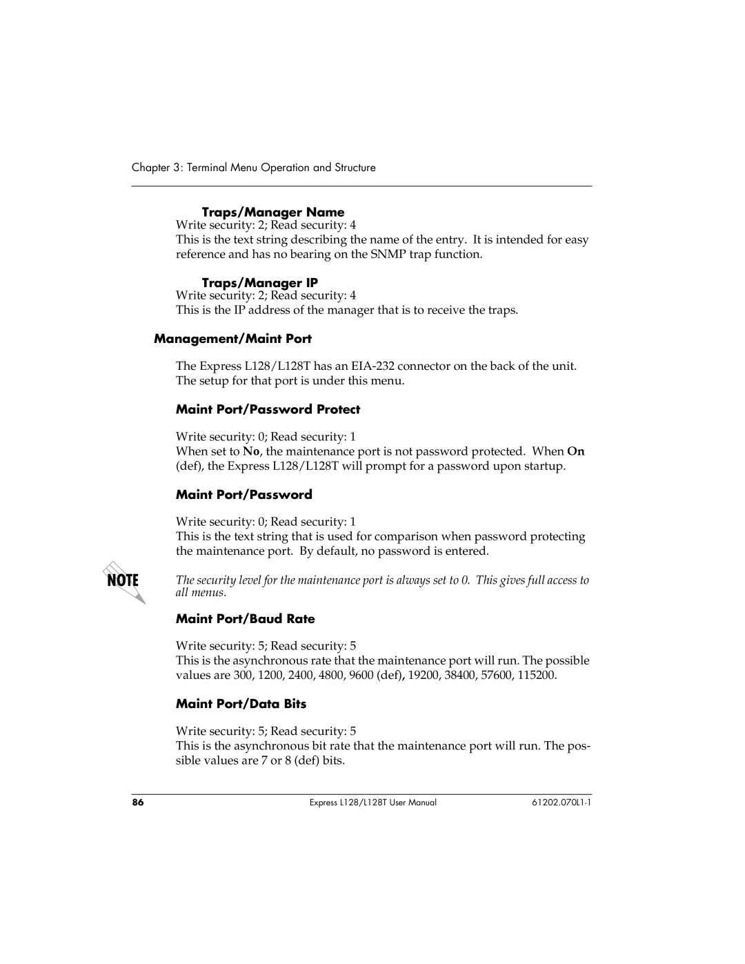 ADTRAN L128T user manual Traps/Manager IP, Management/Maint Port, Maint Port/Password Protect, Maint Port/Baud Rate 