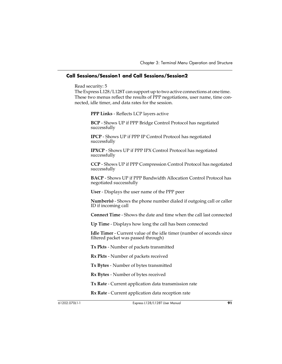 ADTRAN L128T user manual Call Sessions/Session1 and Call Sessions/Session2 