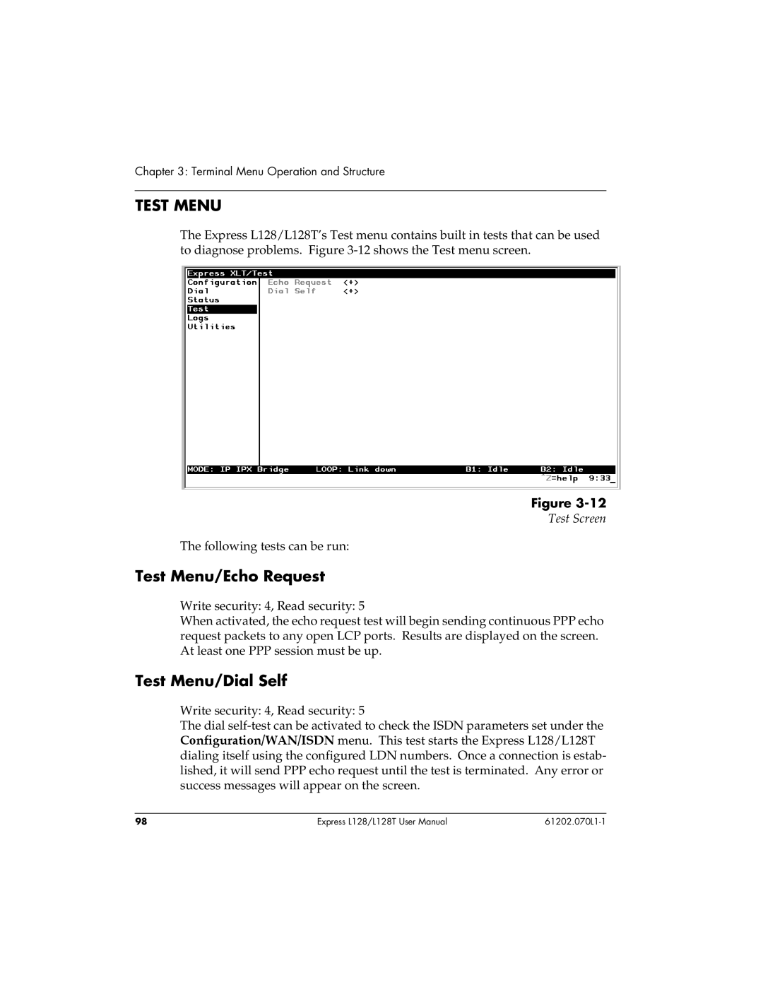 ADTRAN L128T user manual Test Menu/Echo Request, Test Menu/Dial Self 