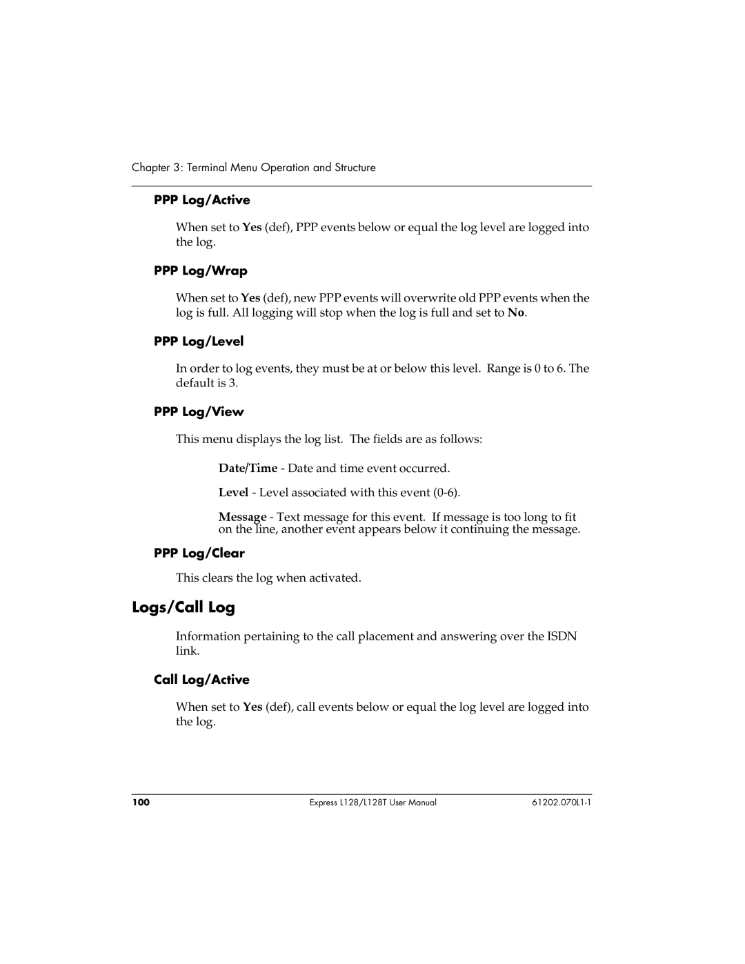 ADTRAN L128T user manual Logs/Call Log 