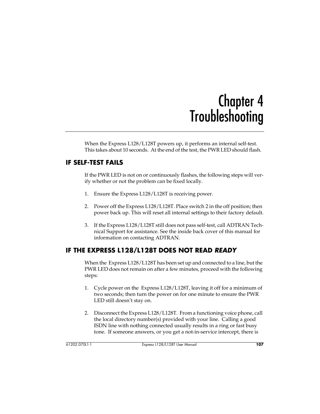 ADTRAN user manual If SELF-TEST Fails, If the Express L128/L128T does not Read Ready 