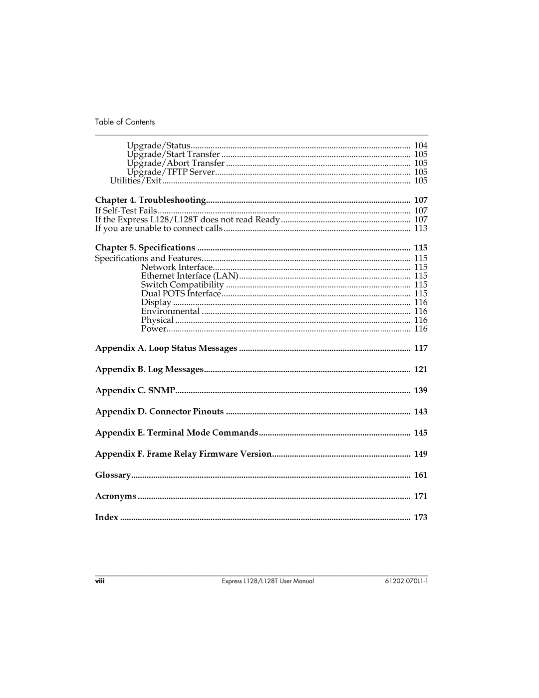 ADTRAN L128T user manual 107, 115, 117, 121, 139, 143, 145, 149, 161, 171, 173 