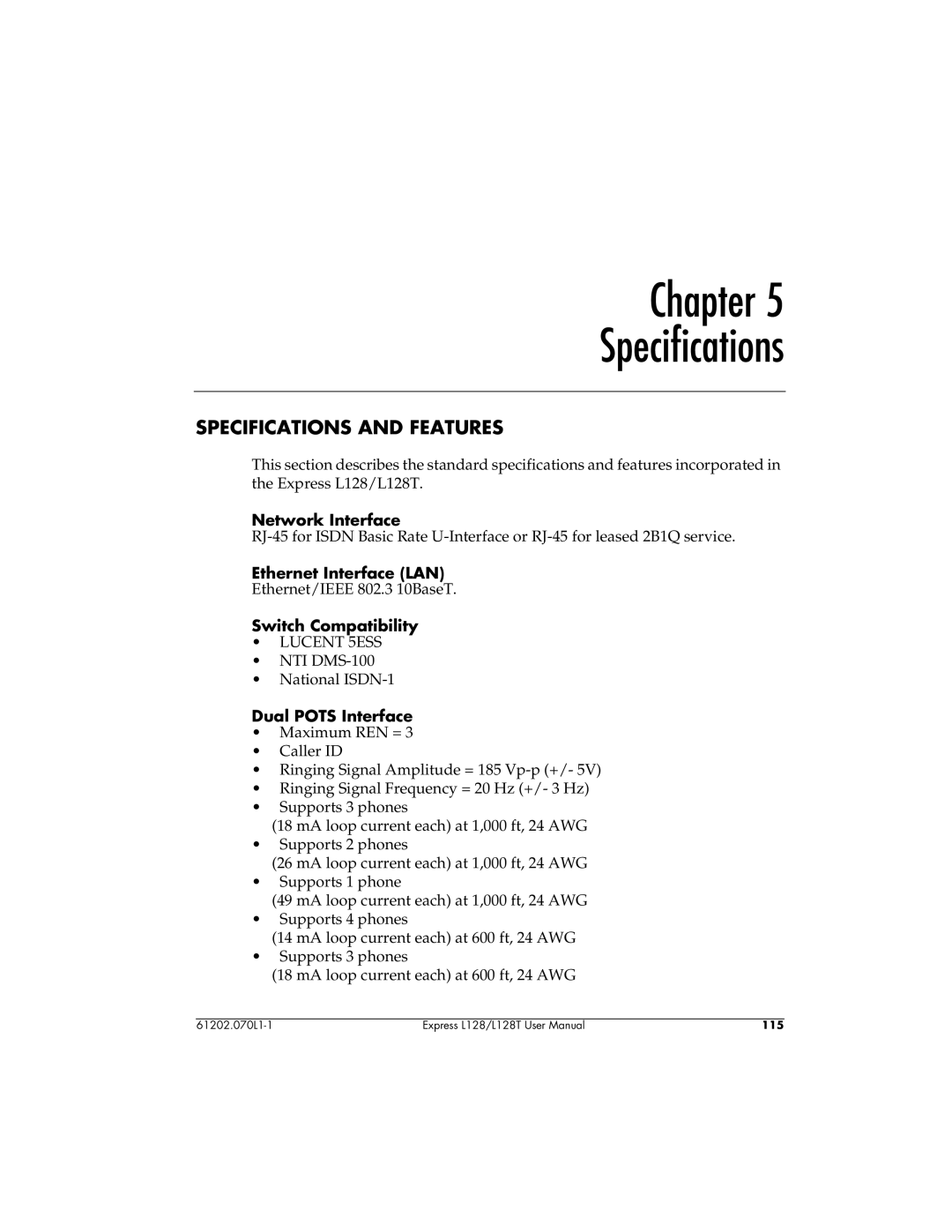 ADTRAN L128T user manual Specifications and Features, Network Interface, Ethernet Interface LAN, Switch Compatibility 