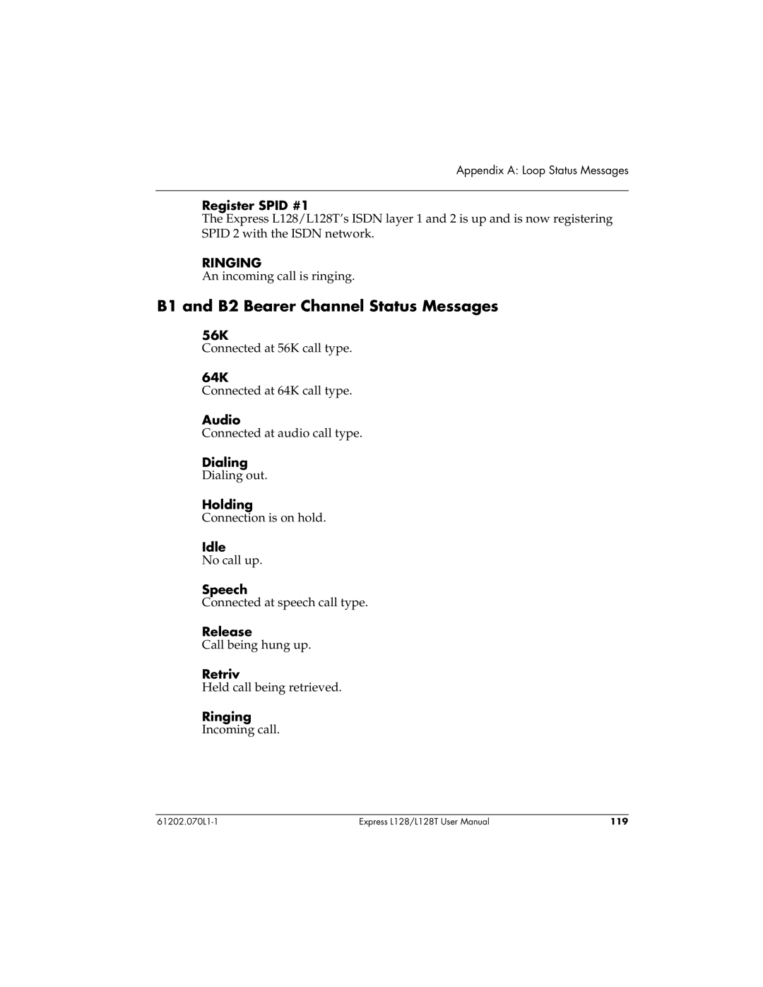 ADTRAN L128T user manual B1 and B2 Bearer Channel Status Messages 