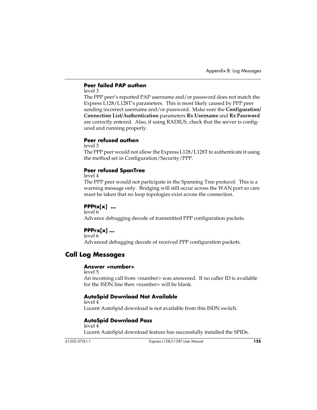 ADTRAN L128T user manual Call Log Messages 