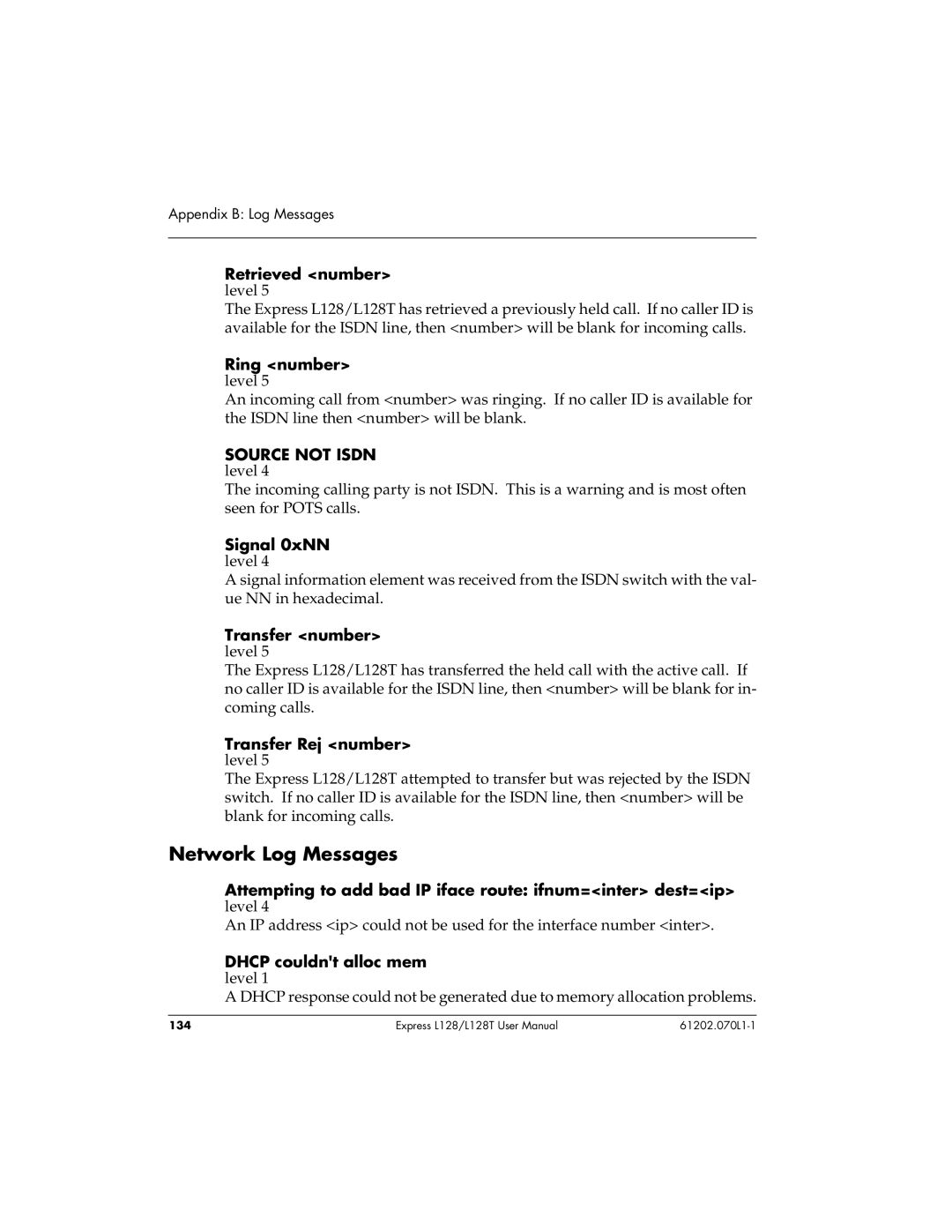 ADTRAN L128T user manual Network Log Messages 