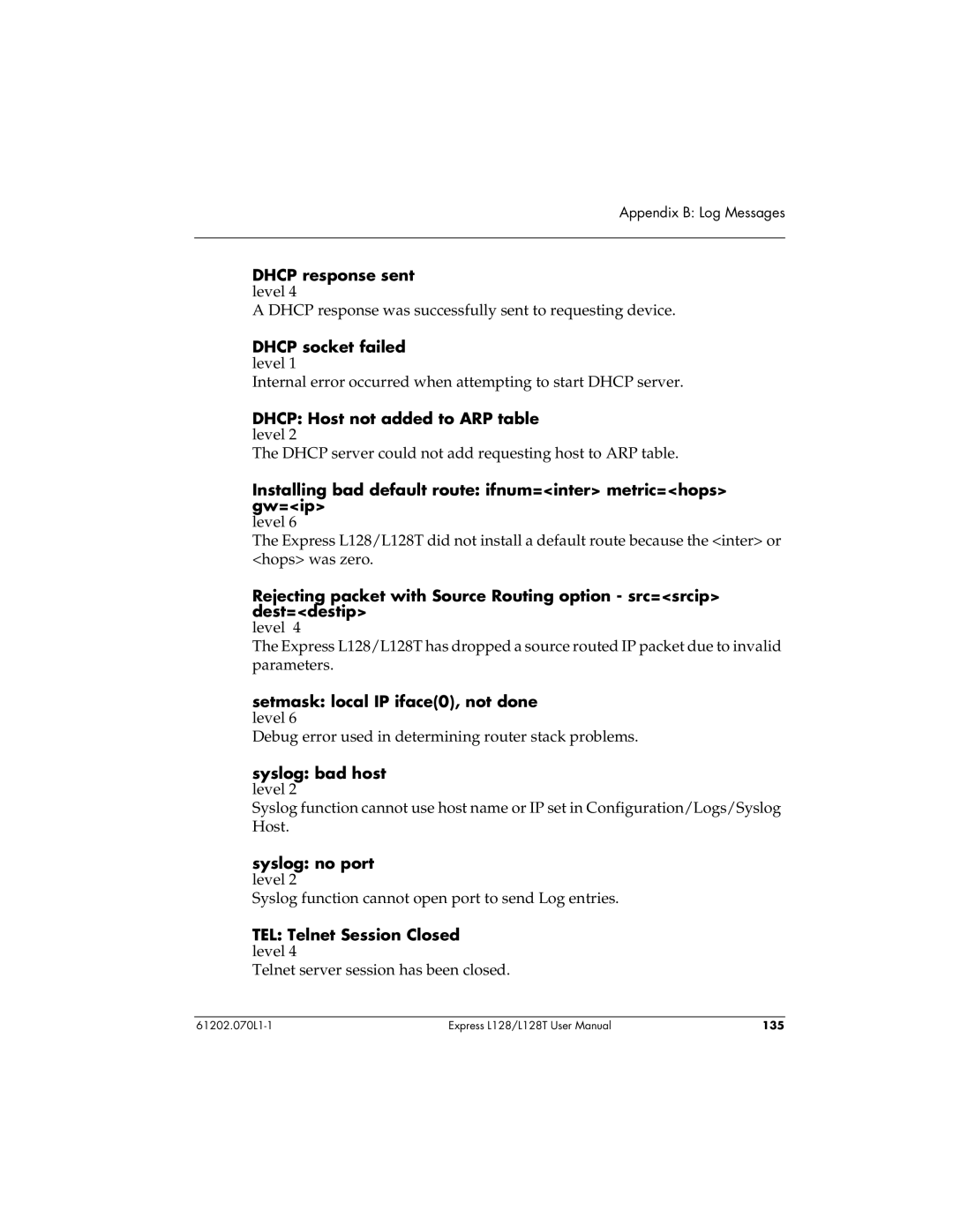 ADTRAN L128T user manual Installing bad default route ifnum=inter metric=hops gw=ip 