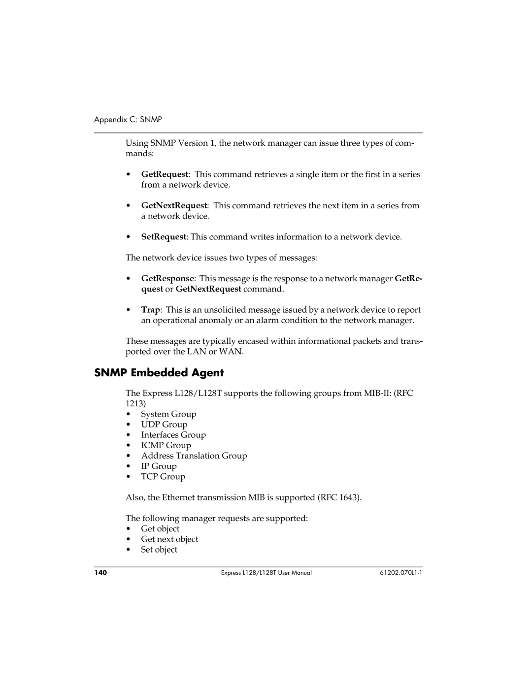 ADTRAN L128T user manual Snmp Embedded Agent 