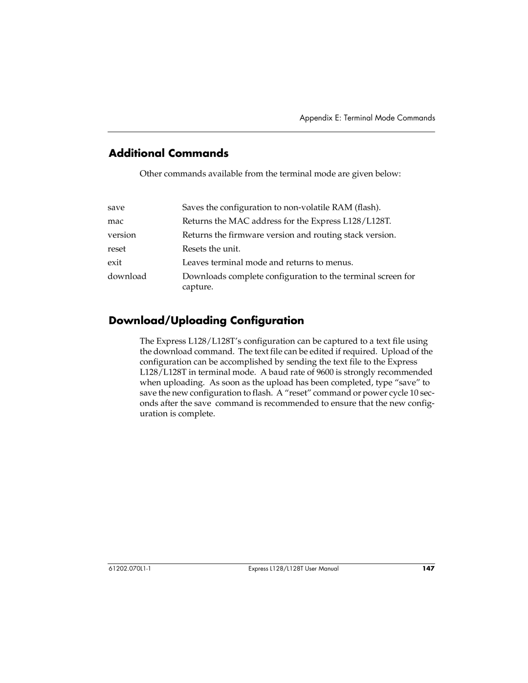 ADTRAN L128T user manual Additional Commands, Download/Uploading Configuration 