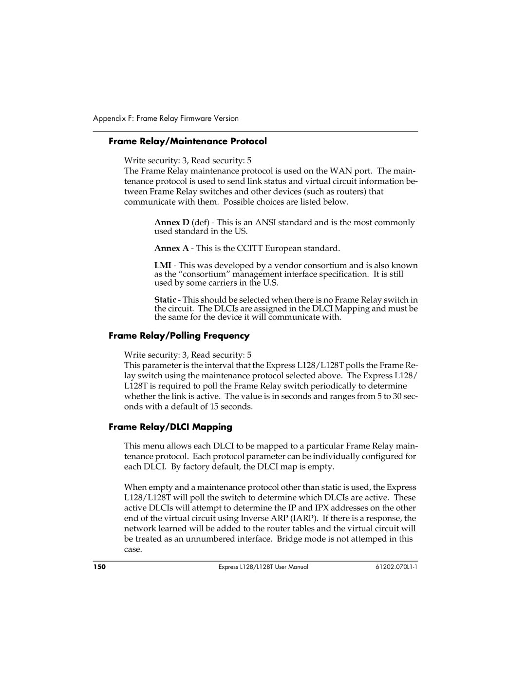 ADTRAN L128T user manual Frame Relay/Maintenance Protocol, Frame Relay/Polling Frequency, Frame Relay/DLCI Mapping 