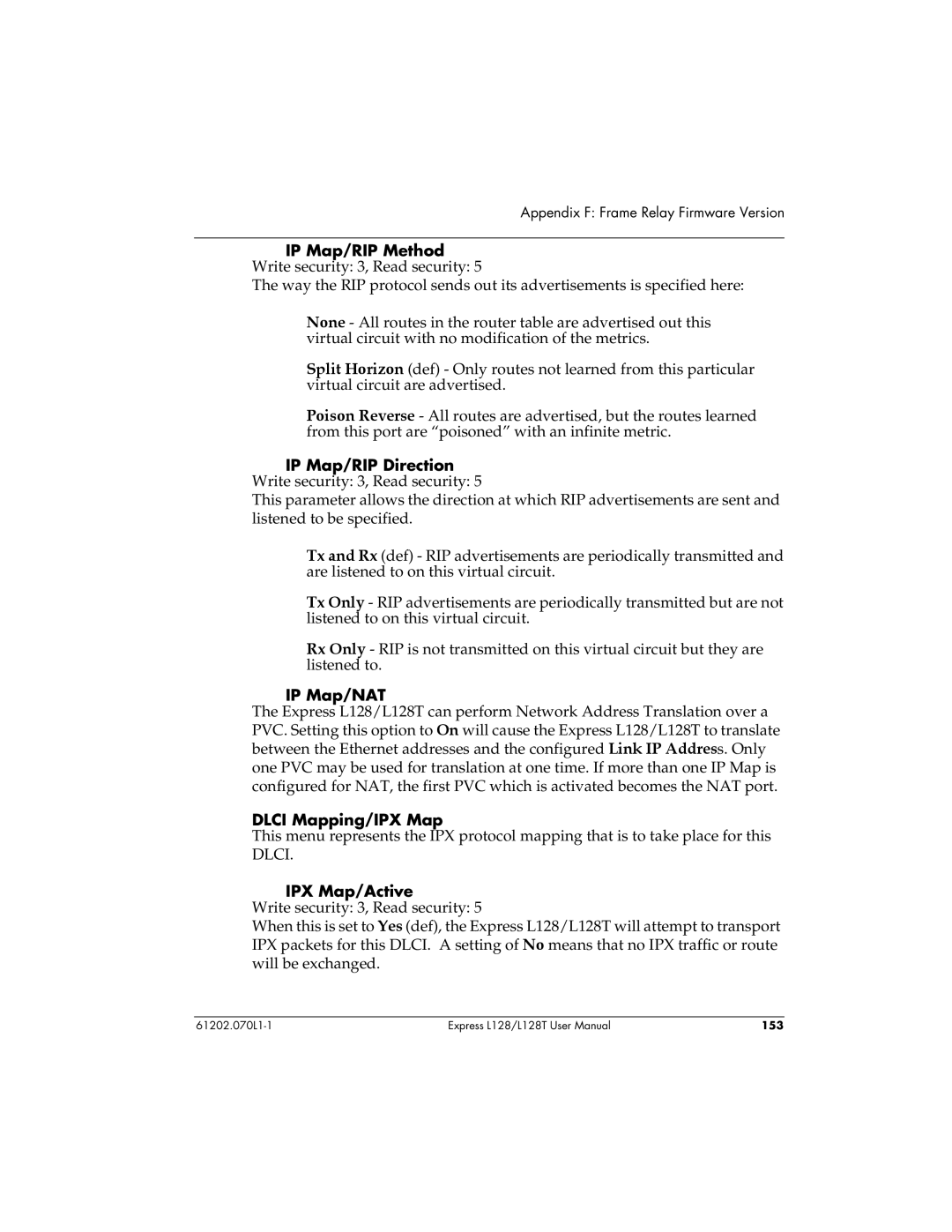 ADTRAN L128T user manual IP Map/NAT, Dlci Mapping/IPX Map, IPX Map/Active 