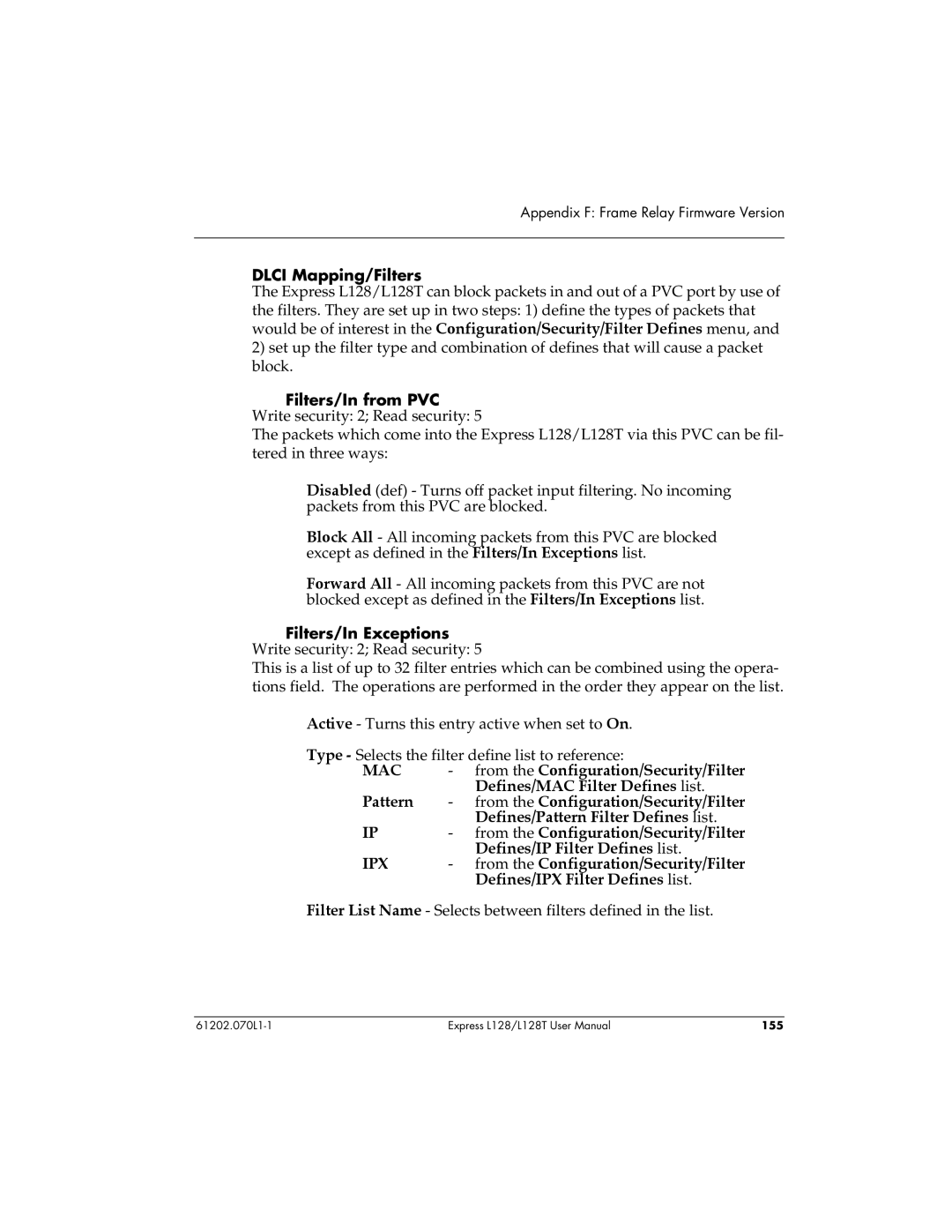 ADTRAN L128T user manual Dlci Mapping/Filters, Filters/In Exceptions 