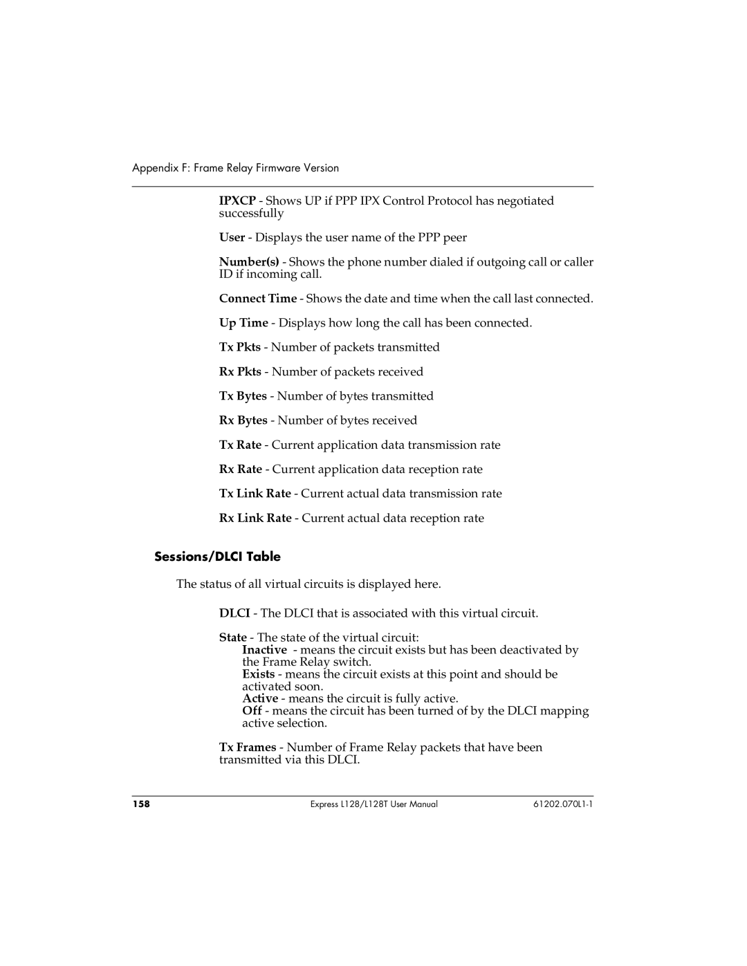 ADTRAN L128T user manual Sessions/DLCI Table 