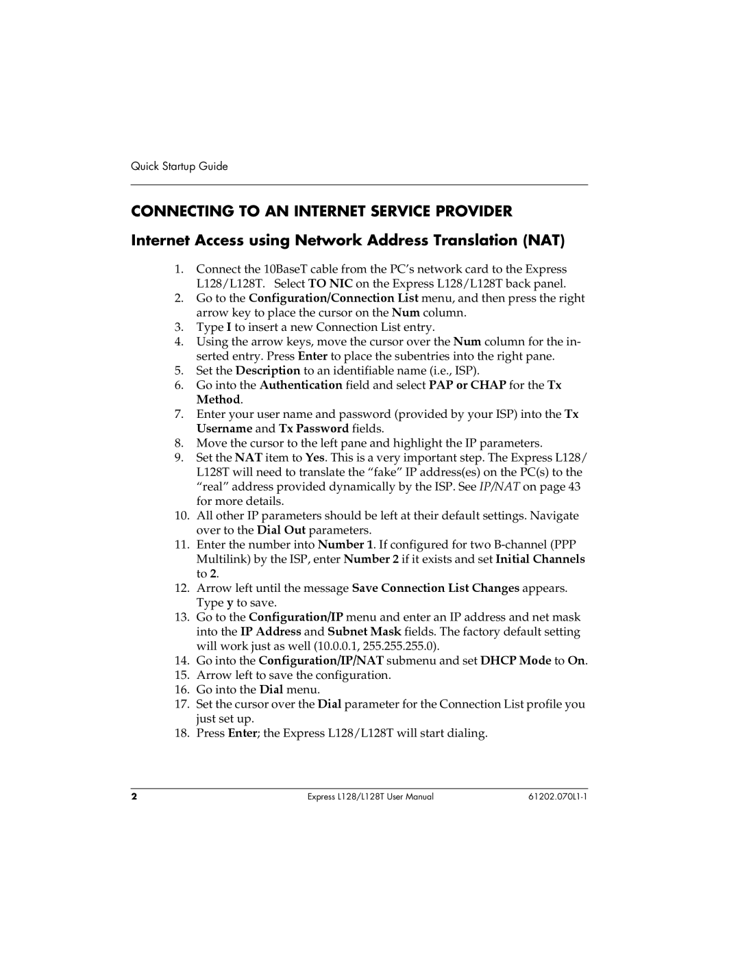 ADTRAN L128T user manual Connecting to AN Internet Service Provider, Internet Access using Network Address Translation NAT 