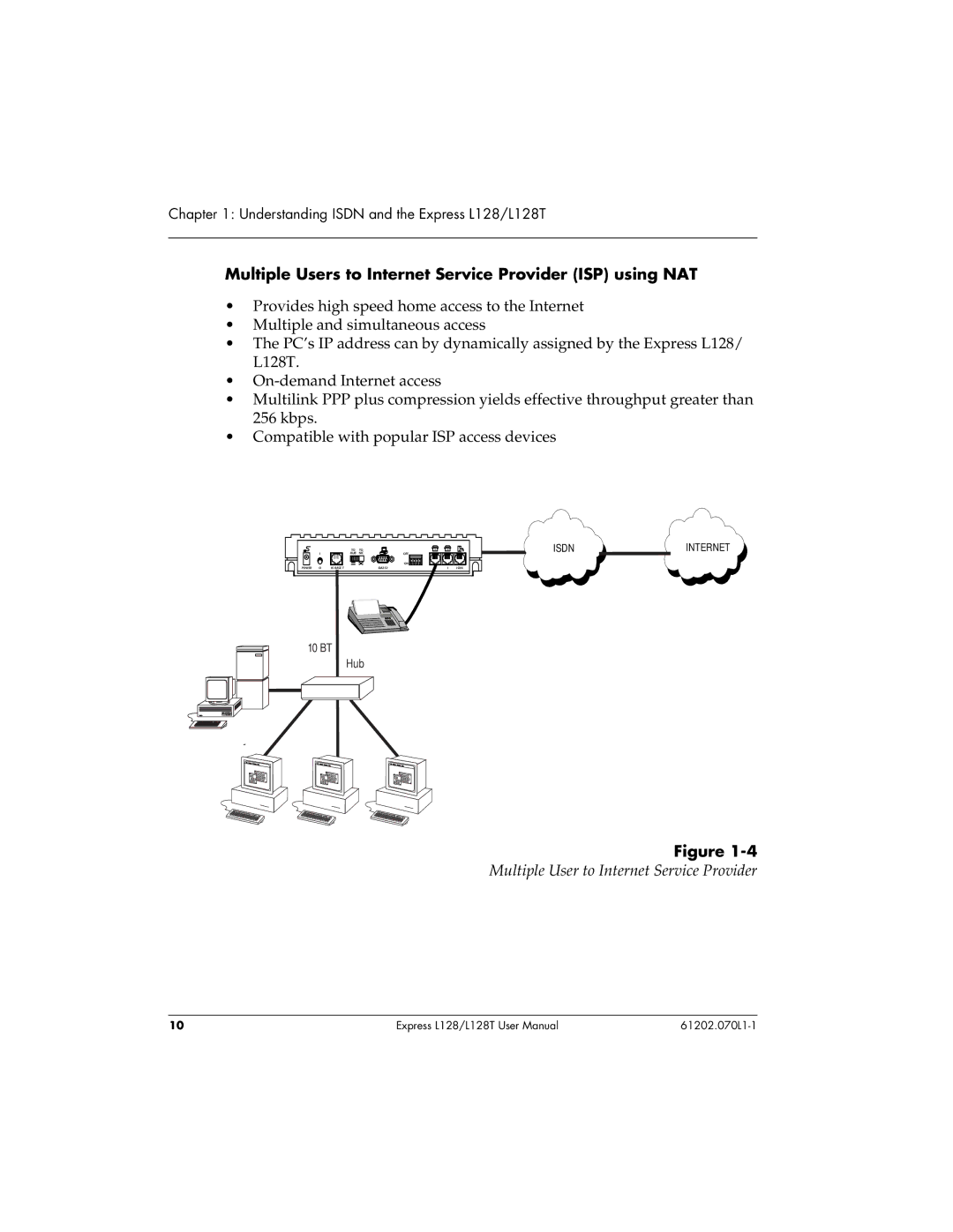 ADTRAN L128T user manual Multiple Users to Internet Service Provider ISP using NAT 