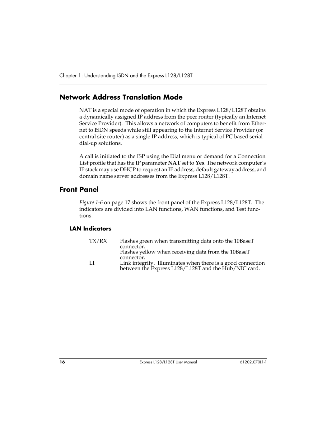 ADTRAN L128T user manual Network Address Translation Mode, Front Panel, LAN Indicators 