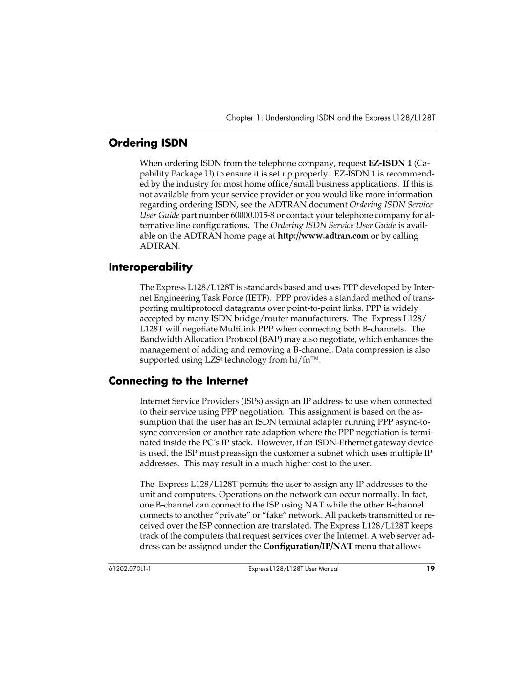 ADTRAN L128T user manual Ordering Isdn, Interoperability, Connecting to the Internet 