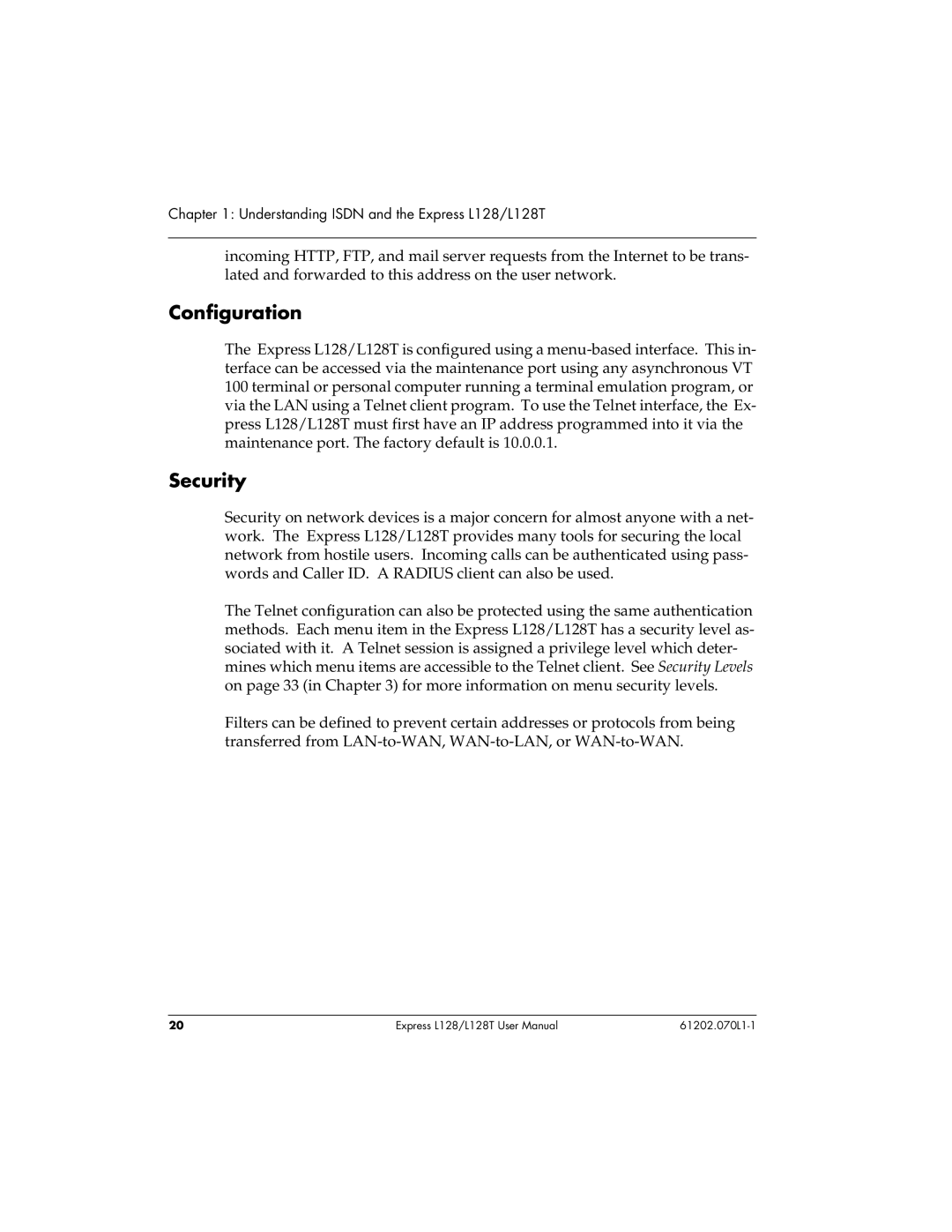 ADTRAN L128T user manual Configuration, Security 