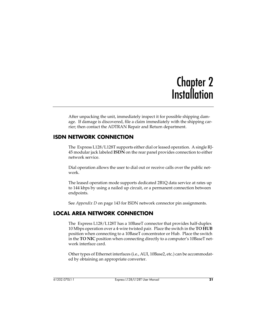 ADTRAN L128T user manual Isdn Network Connection, Local Area Network Connection 