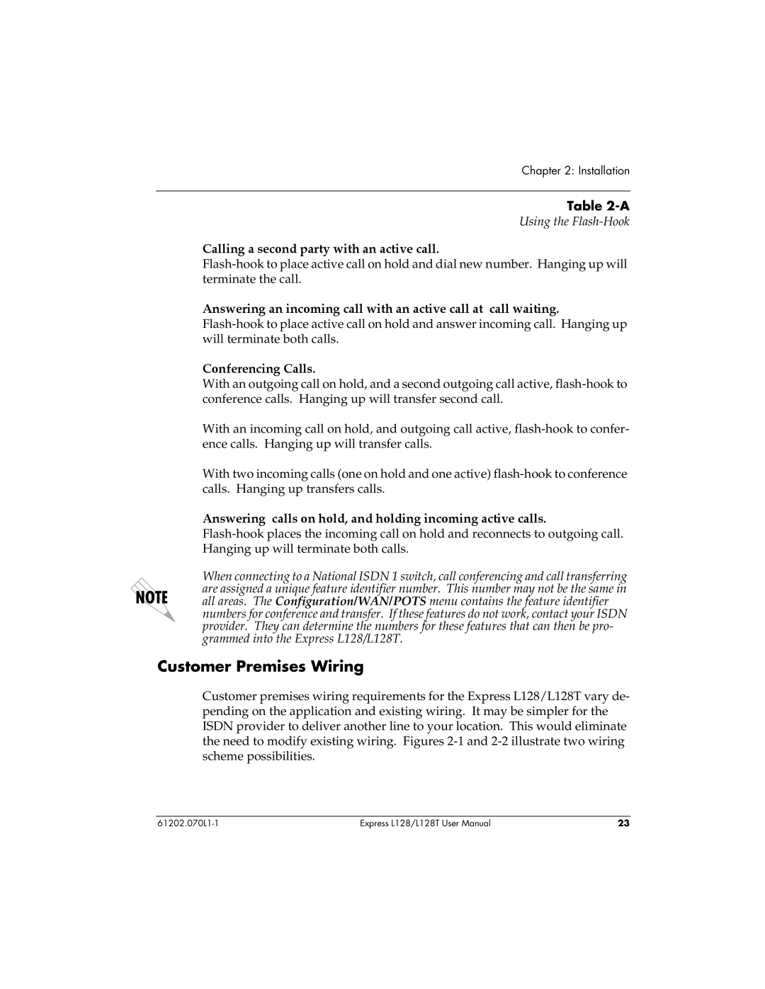 ADTRAN L128T user manual Customer Premises Wiring, Calling a second party with an active call, Conferencing Calls 