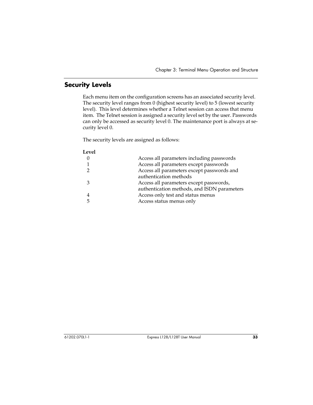 ADTRAN L128T user manual Security Levels 