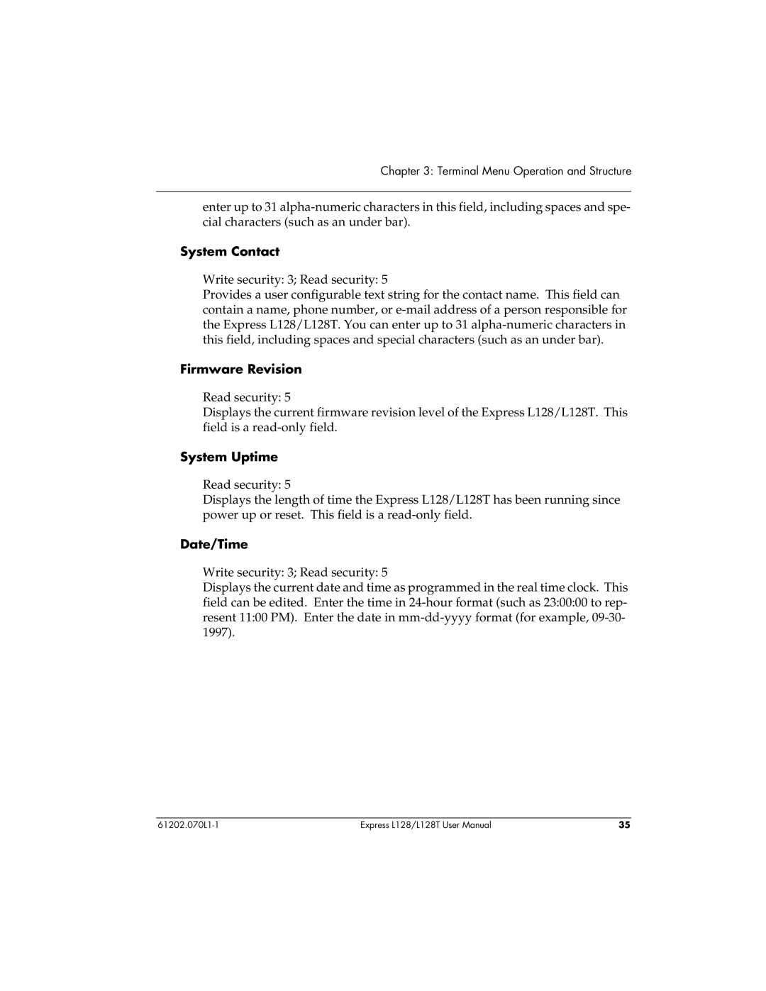 ADTRAN L128T user manual System Contact, Firmware Revision, System Uptime, Date/Time 