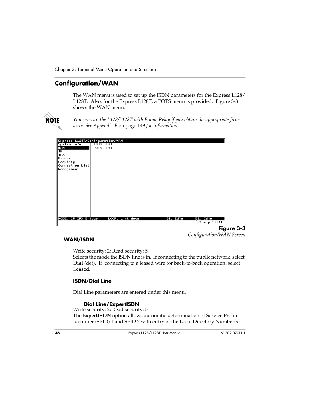 ADTRAN L128T user manual Configuration/WAN, ISDN/Dial Line 