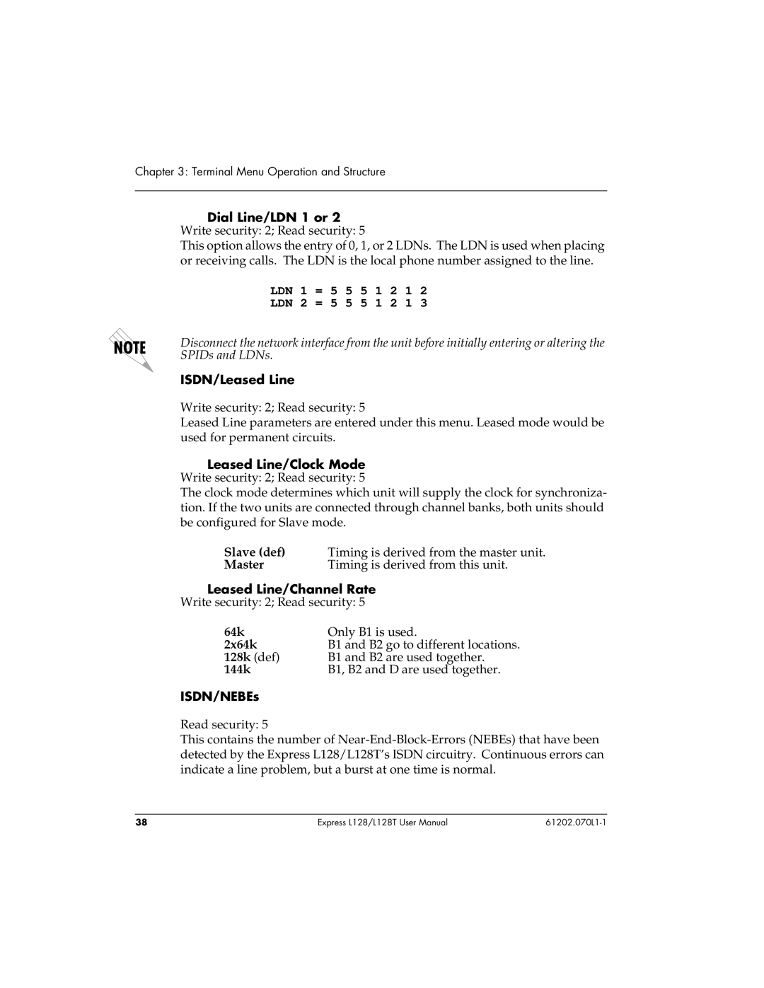 ADTRAN L128T ISDN/Leased Line, Slave def, Master, Leased Line/Channel Rate, 2x64k, 128k def, 144k, ISDN/NEBEs 