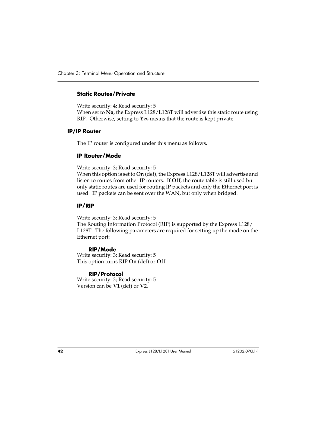 ADTRAN L128T user manual Static Routes/Private, IP/IP Router, IP Router/Mode, RIP/Mode, RIP/Protocol 