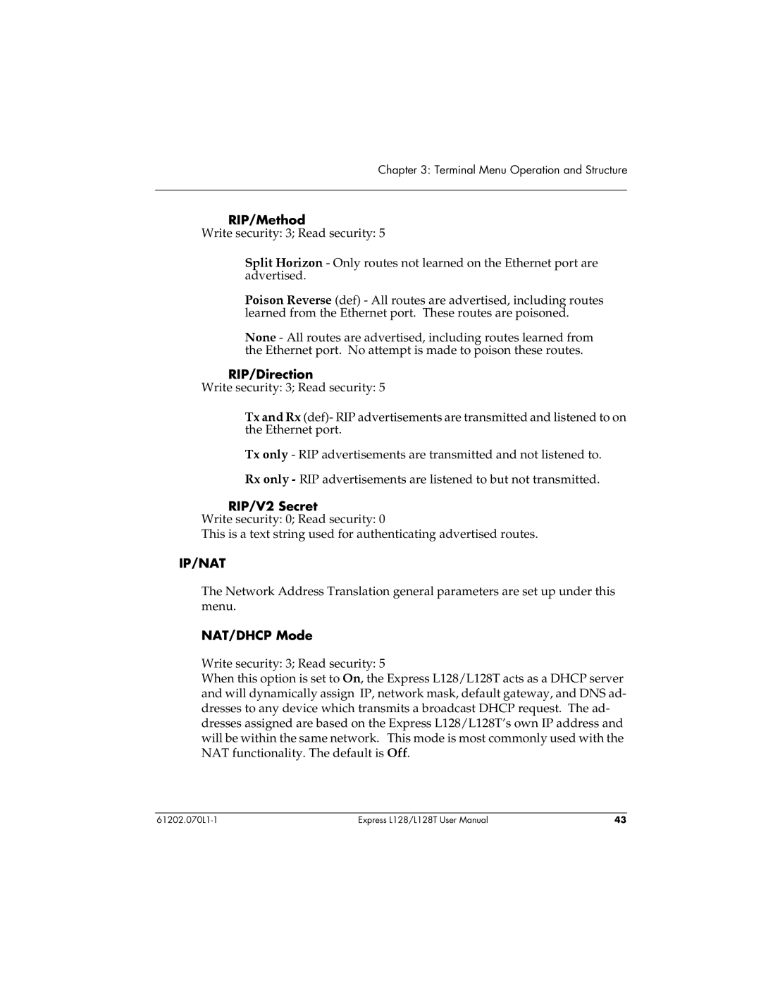 ADTRAN L128T user manual RIP/Method, RIP/Direction, RIP/V2 Secret, NAT/DHCP Mode 