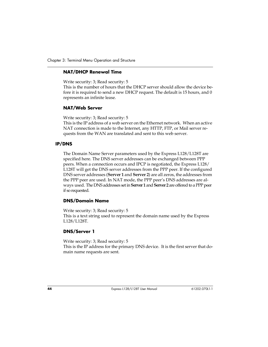 ADTRAN L128T user manual NAT/DHCP Renewal Time, NAT/Web Server, DNS/Domain Name, DNS/Server 