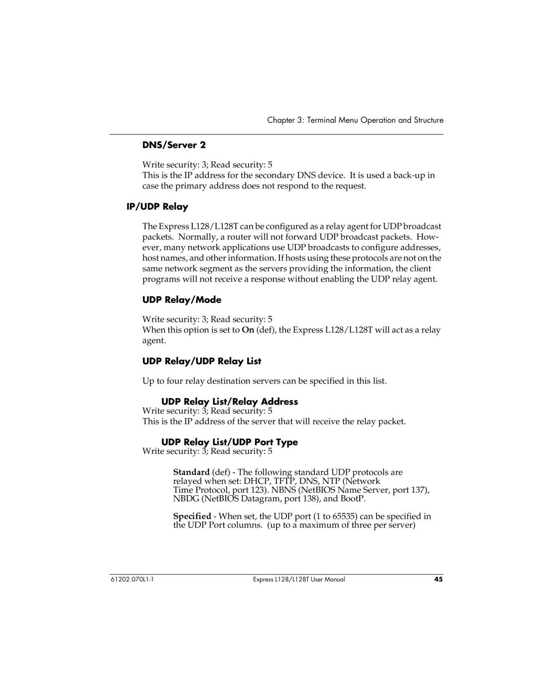 ADTRAN L128T user manual IP/UDP Relay, UDP Relay/Mode, UDP Relay/UDP Relay List, UDP Relay List/UDP Port Type 