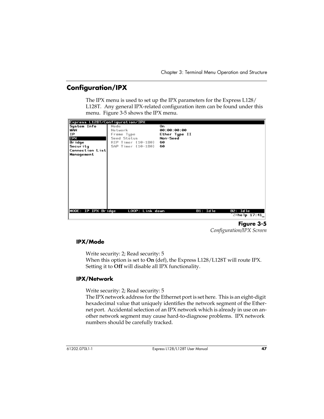 ADTRAN L128T user manual Configuration/IPX, IPX/Mode, IPX/Network 