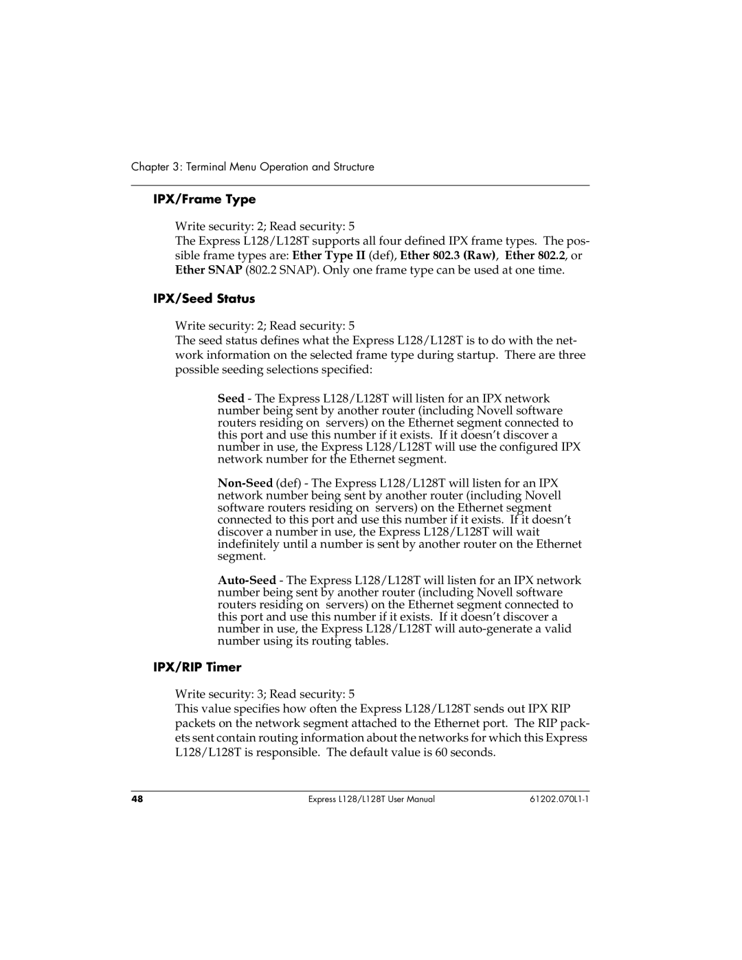 ADTRAN L128T user manual IPX/Frame Type, IPX/Seed Status, IPX/RIP Timer 