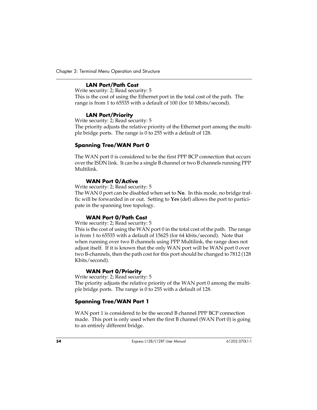 ADTRAN L128T user manual Spanning Tree/WAN Port 