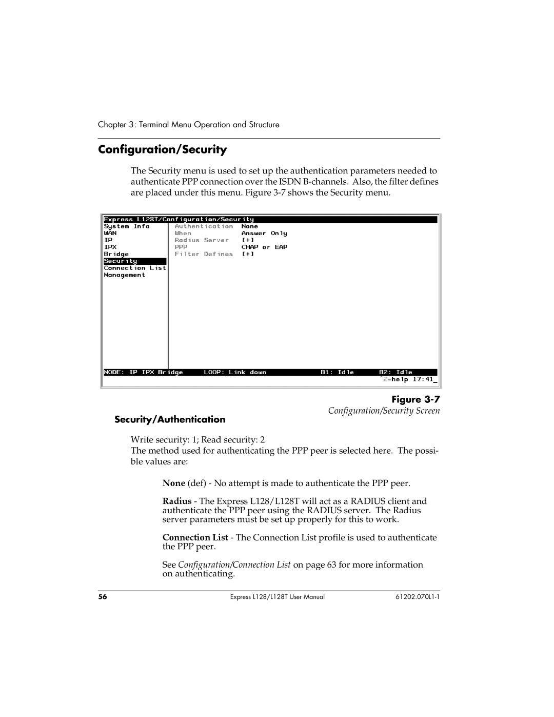 ADTRAN L128T user manual Configuration/Security, Security/Authentication 