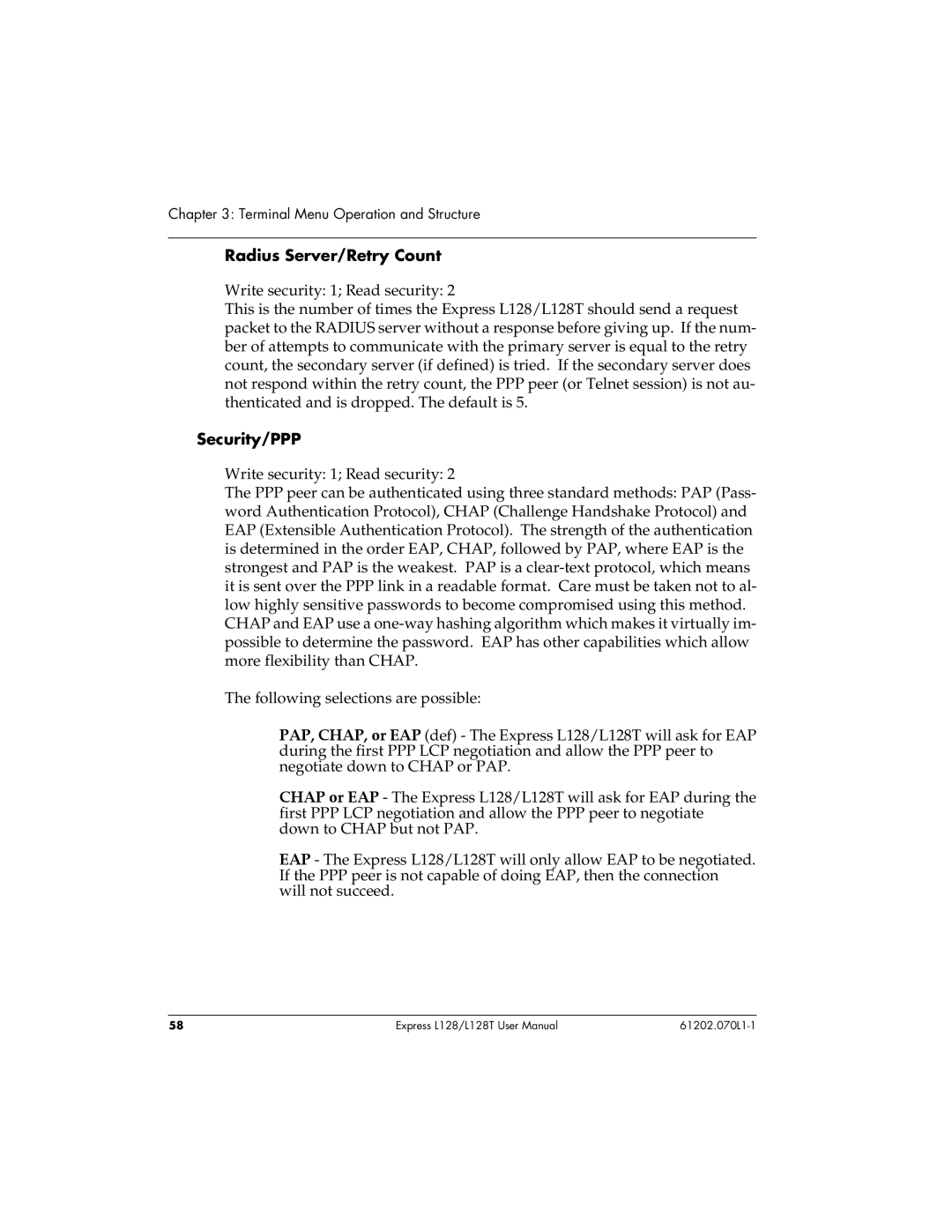 ADTRAN L128T user manual Radius Server/Retry Count, Security/PPP 