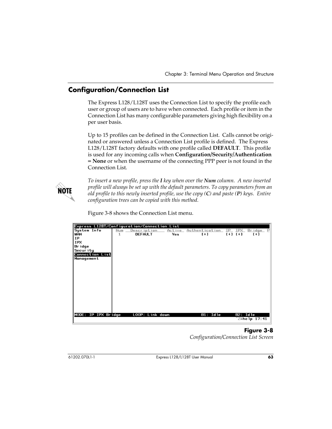 ADTRAN L128T user manual Configuration/Connection List, Shows the Connection List menu 