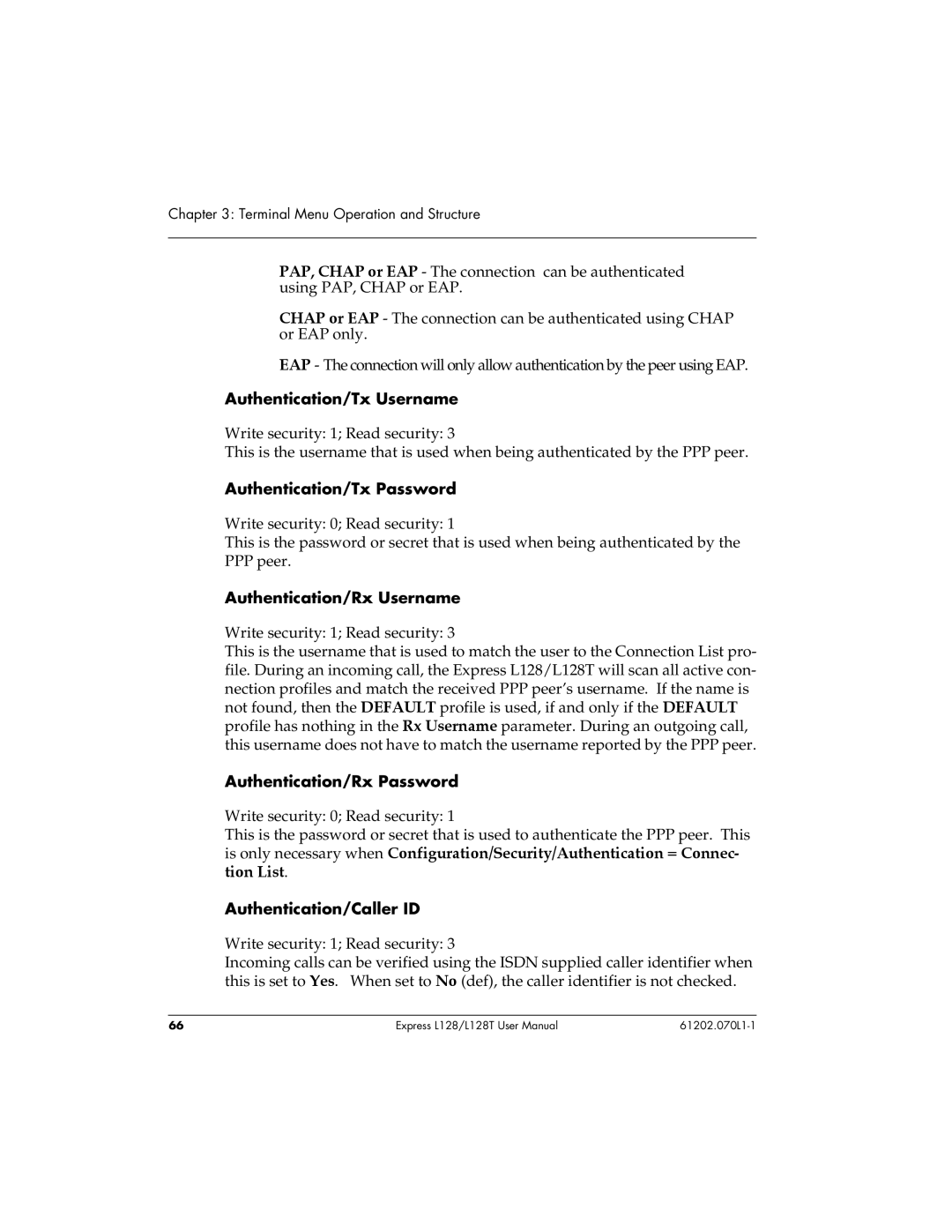 ADTRAN L128T Authentication/Tx Username, Authentication/Tx Password, Authentication/Rx Username, Authentication/Caller ID 