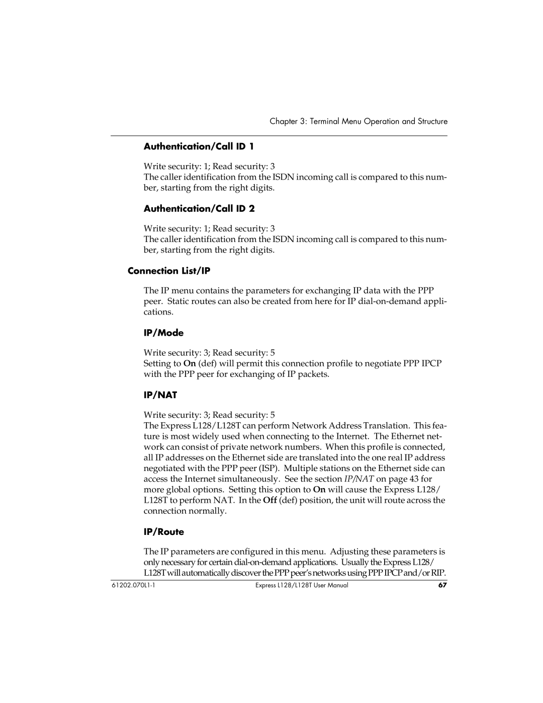 ADTRAN L128T user manual Authentication/Call ID, Connection List/IP, IP/Mode, IP/Route 