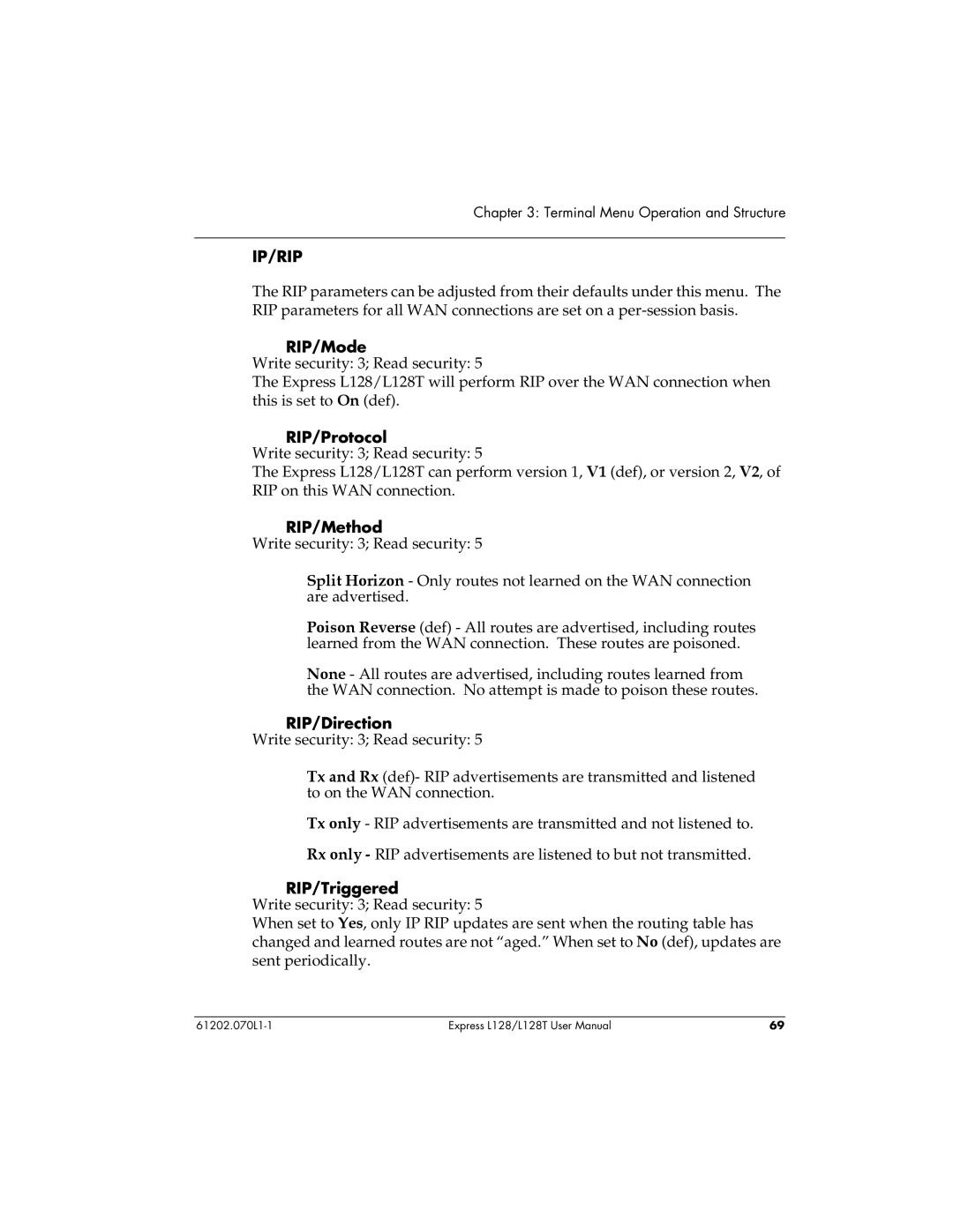 ADTRAN L128T user manual RIP/Mode, RIP/Triggered 