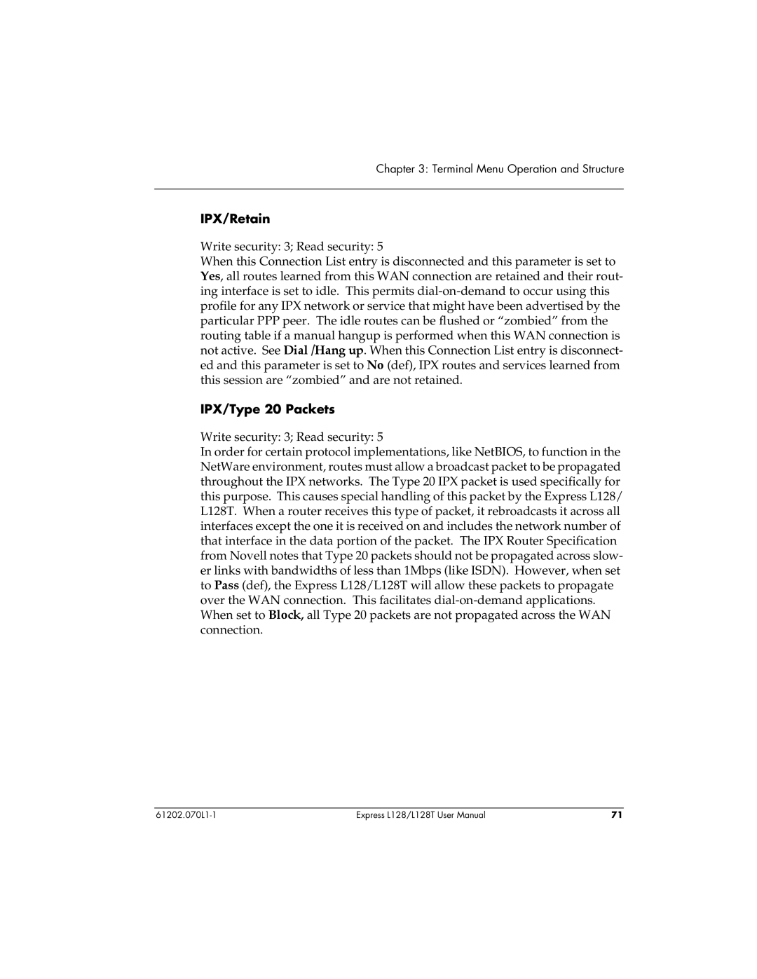 ADTRAN L128T user manual IPX/Retain, IPX/Type 20 Packets 