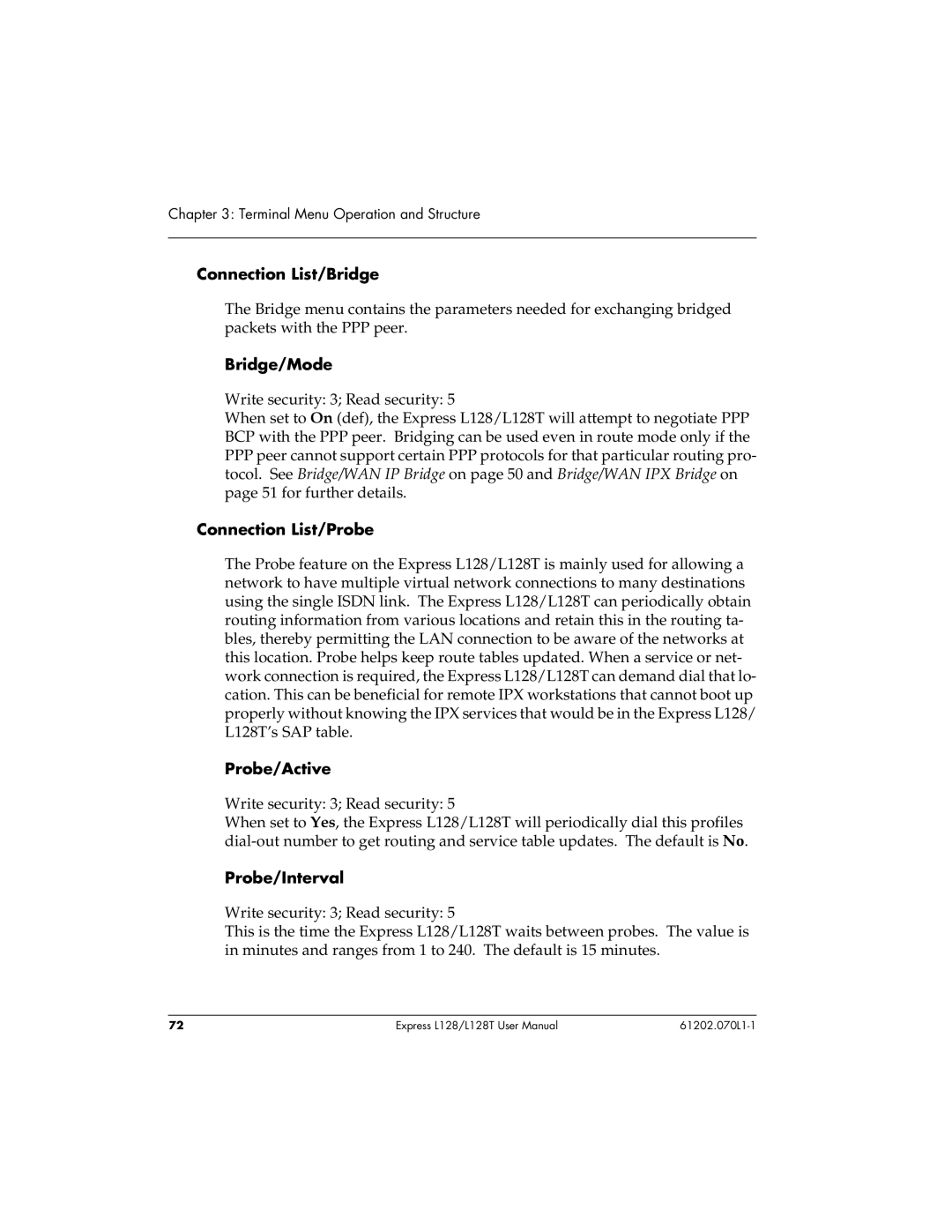 ADTRAN L128T user manual Connection List/Bridge, Connection List/Probe, Probe/Active, Probe/Interval 