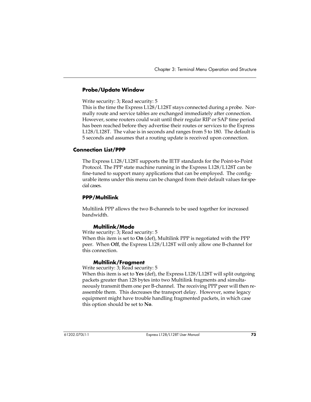 ADTRAN L128T user manual Probe/Update Window, Connection List/PPP, PPP/Multilink, Multilink/Mode 