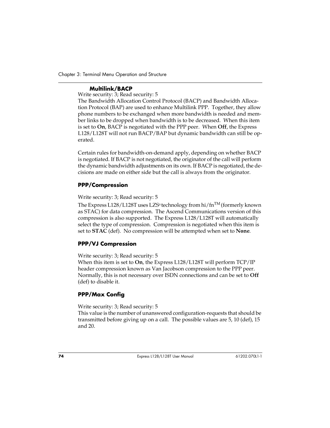 ADTRAN L128T user manual Multilink/BACP, PPP/Compression, PPP/VJ Compression, PPP/Max Config 